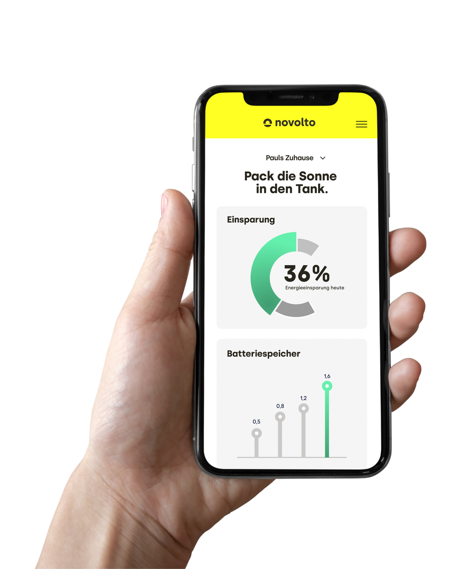 mobile phone with novolto app preview held in hand