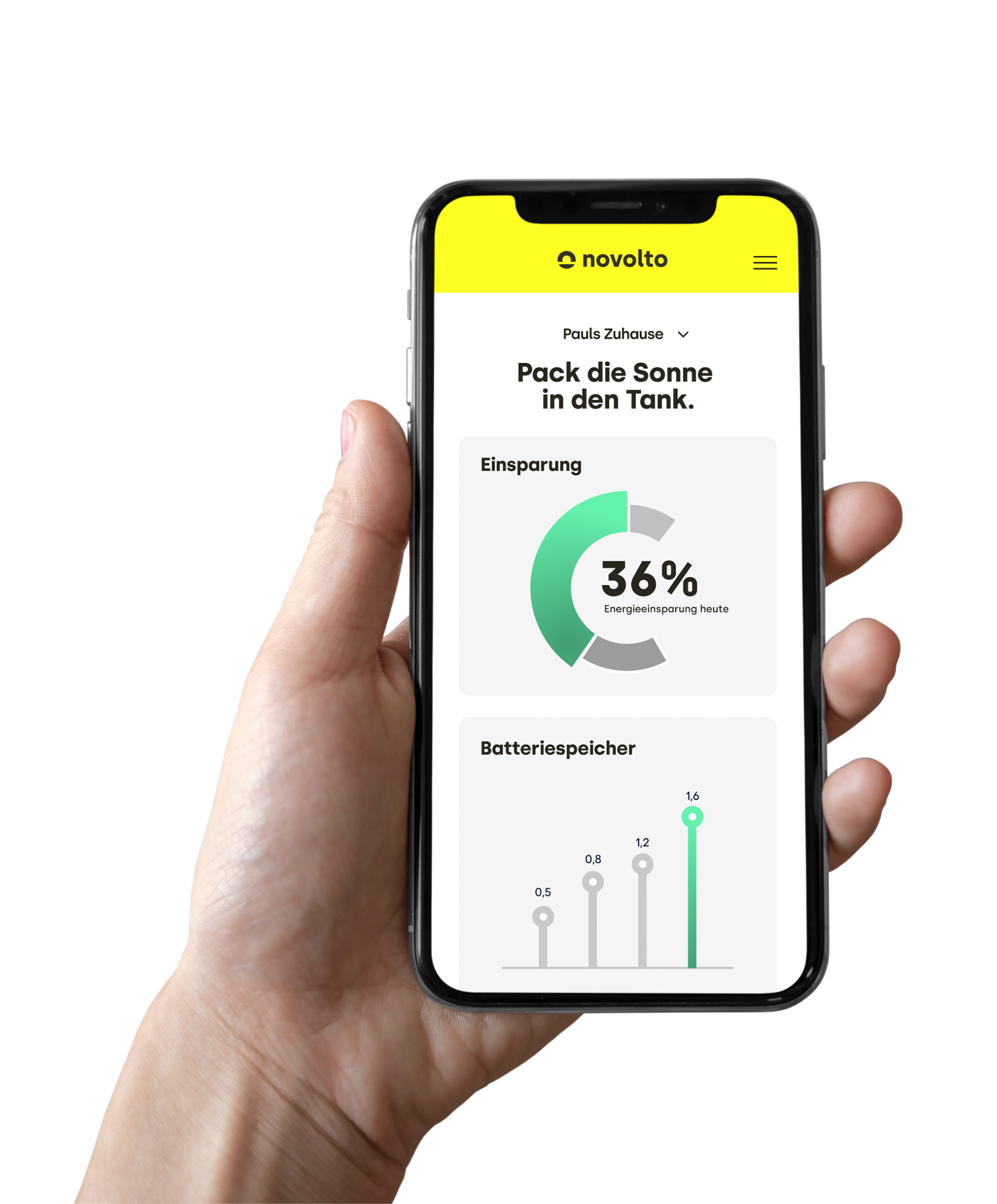 mobile phone with novolto app preview held in hand